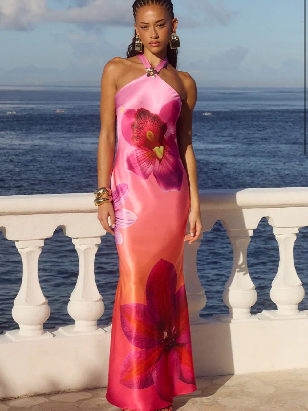 Pink Chara Floral Halter Maxi Dress